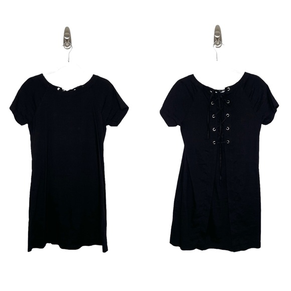 Theory | Linen Lace Back Short Sleeve Mini Dress in Black 4 - Picture 1 of 7